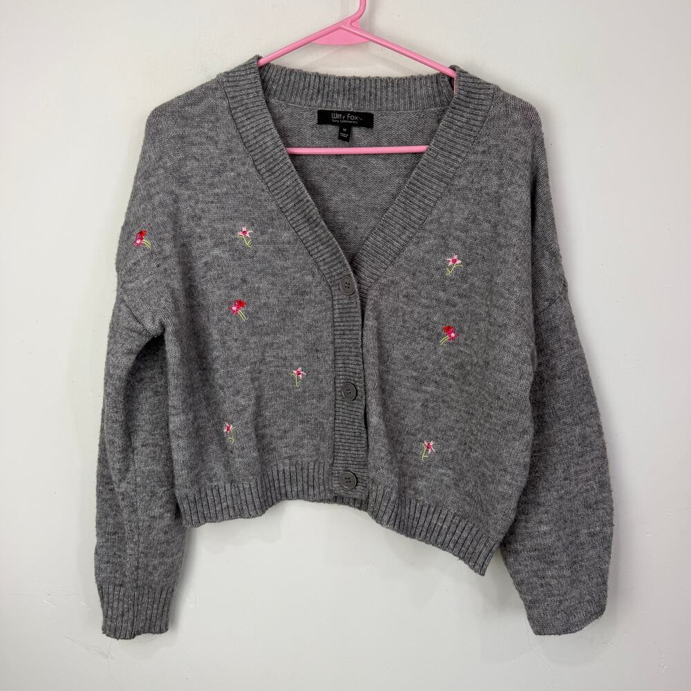 Witty Fox Cropped Cardigan Women's M Gray Floral Embroidered Button